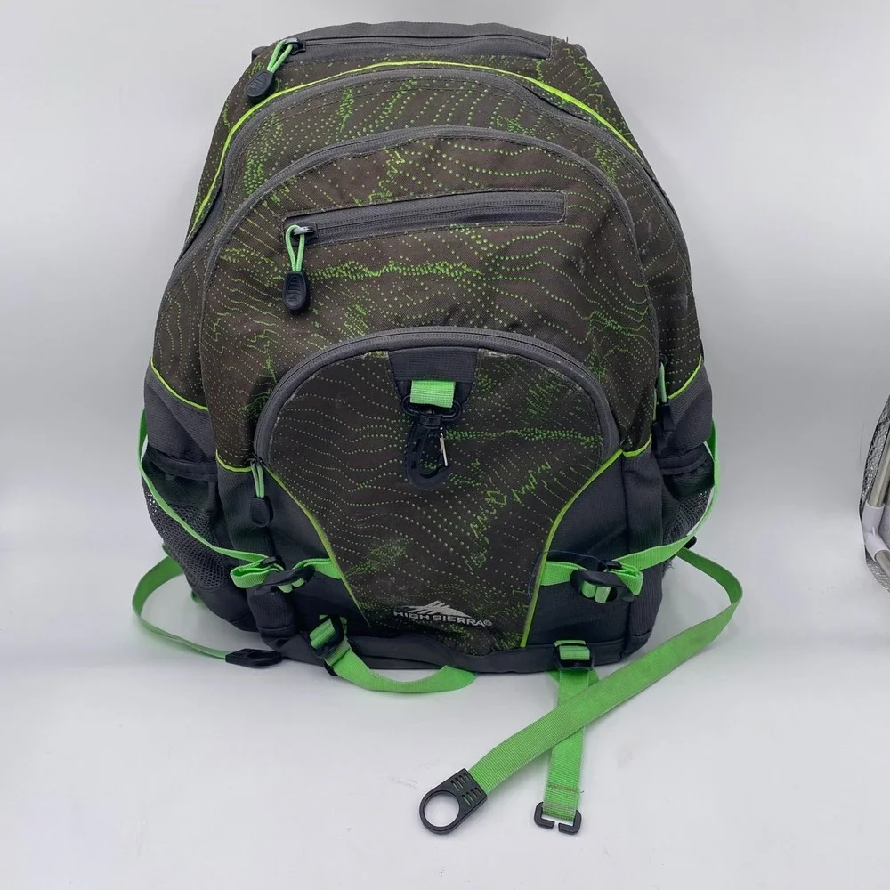 High Sierra Access Backpack Grey Lime Green Topo Print Padded Laptop School Bag